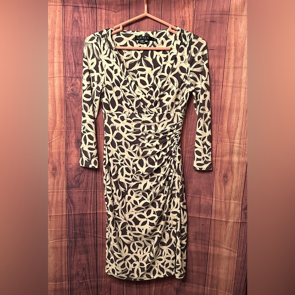 Ralph Lauren Black and Cream Ruched Wrap Dress - Picture 1 of 8